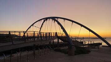 Un puente peatonal con un arco metálico curvo, que une dos extensiones de tierra sobre una masa de agua.