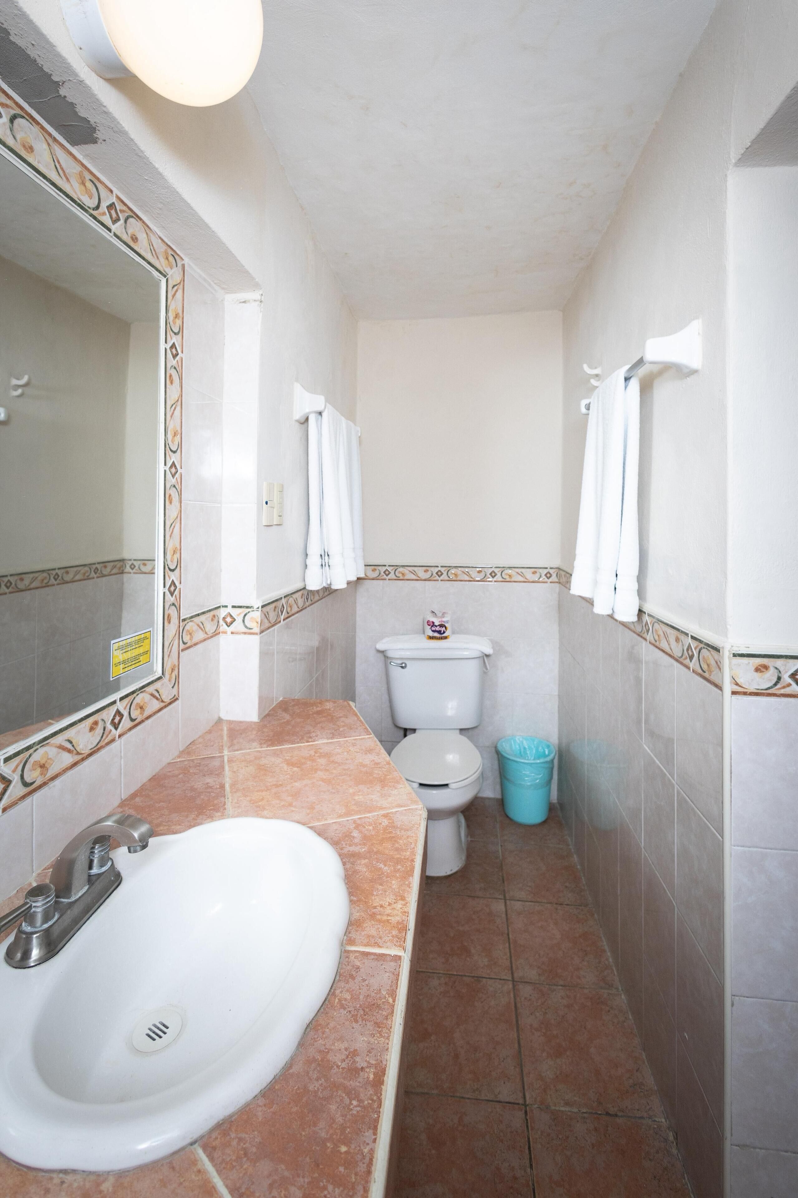 Un baño con lavamanos, inodoro y cubo de basura azul.