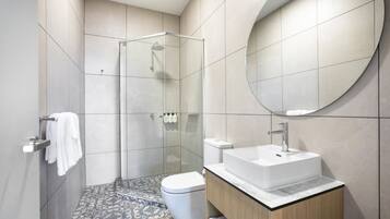 A modern bathroom with a glass-enclosed shower, a white toilet, and a vanity with a sink.