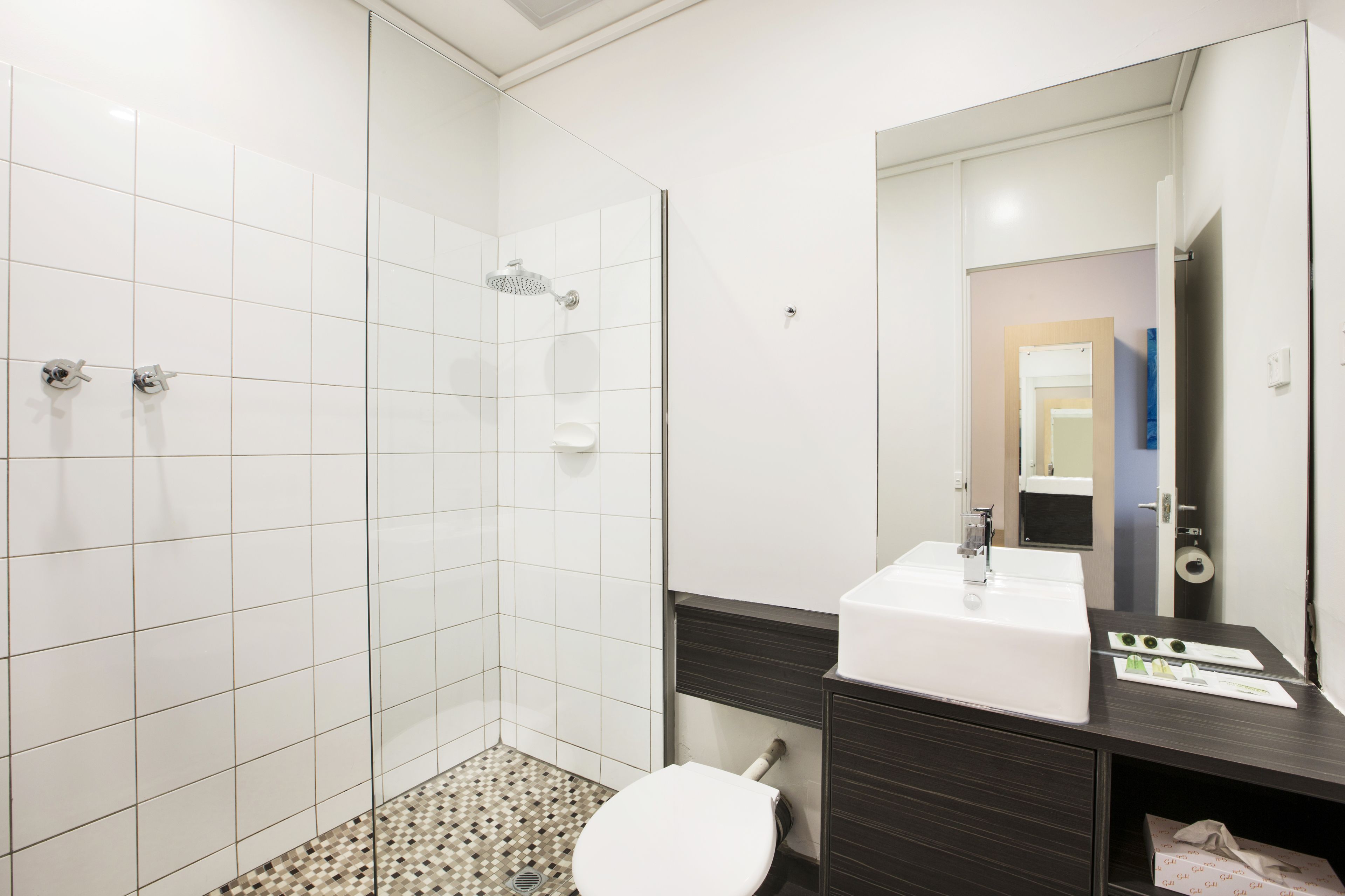 Shower, free toiletries, towels