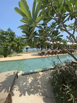 2 outdoor pools, open 10:00 AM to 6:00 PM, pool umbrellas, pool loungers