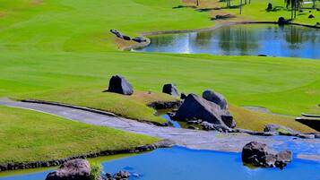 Un campo de golf con un estanque, palmeras y montañas al fondo.