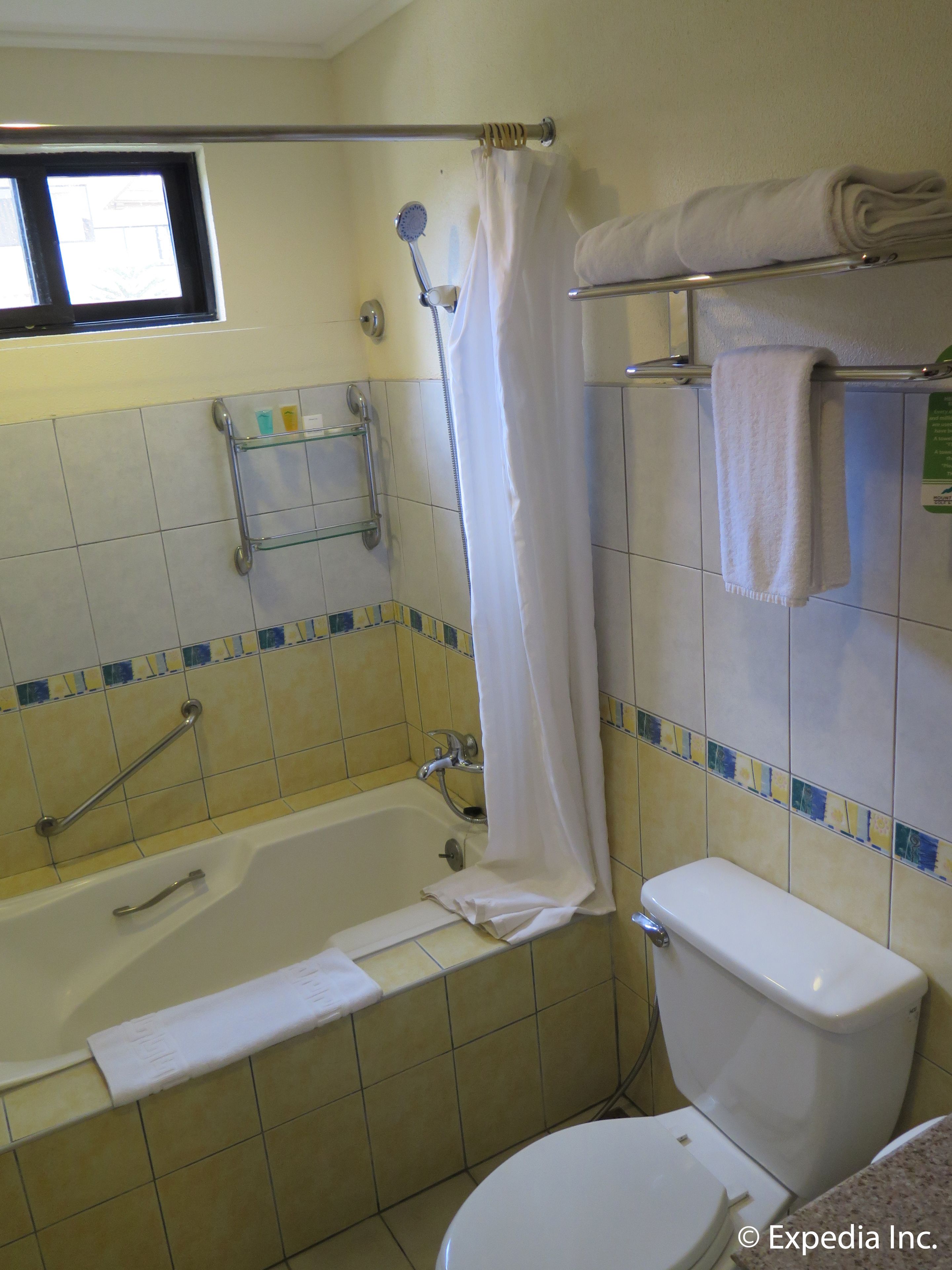 A bathroom with a bathtub, toilet, and shower curtain.