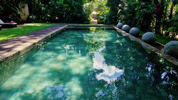 Relax by the serene pool surrounded by lush greenery and shaded by trees and shrubs.