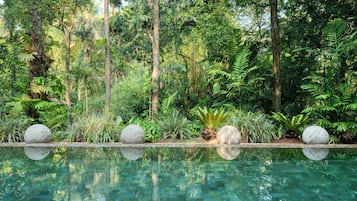 Outdoor pool, pool umbrellas, sun loungers