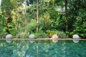 Outdoor pool, pool umbrellas, pool loungers