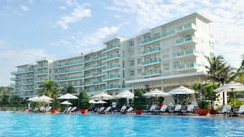 Outdoor pool, pool umbrellas, pool loungers