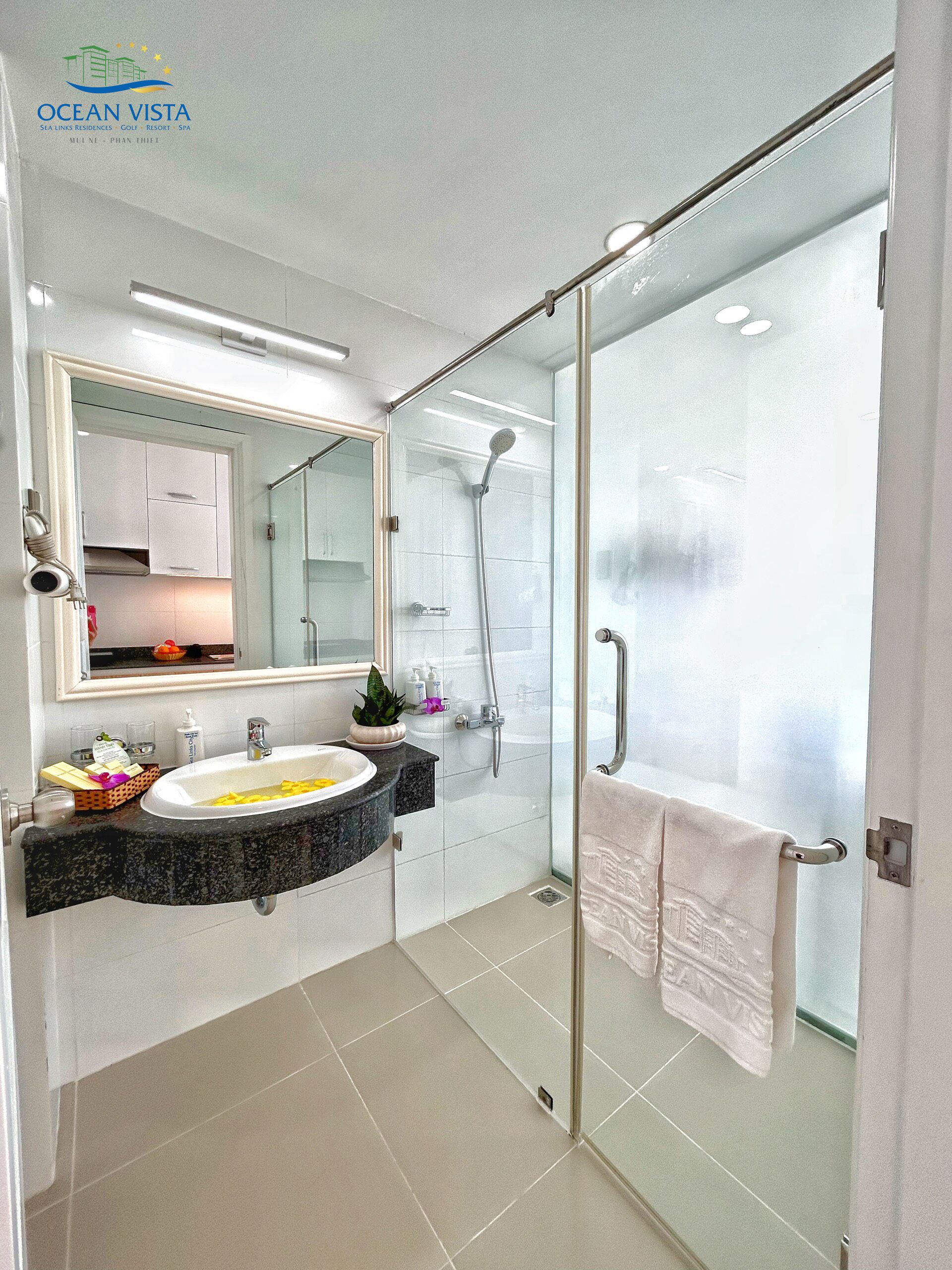 A modern bathroom with a glass-enclosed shower, a large mirror, and a granite countertop.