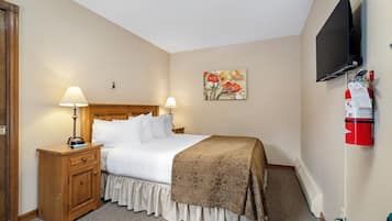 Una habitación de hotel con una cama, lámparas de noche, un cuadro, un televisor y un extintor.