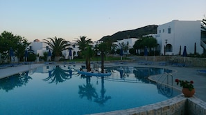 Outdoor pool, pool umbrellas, pool loungers