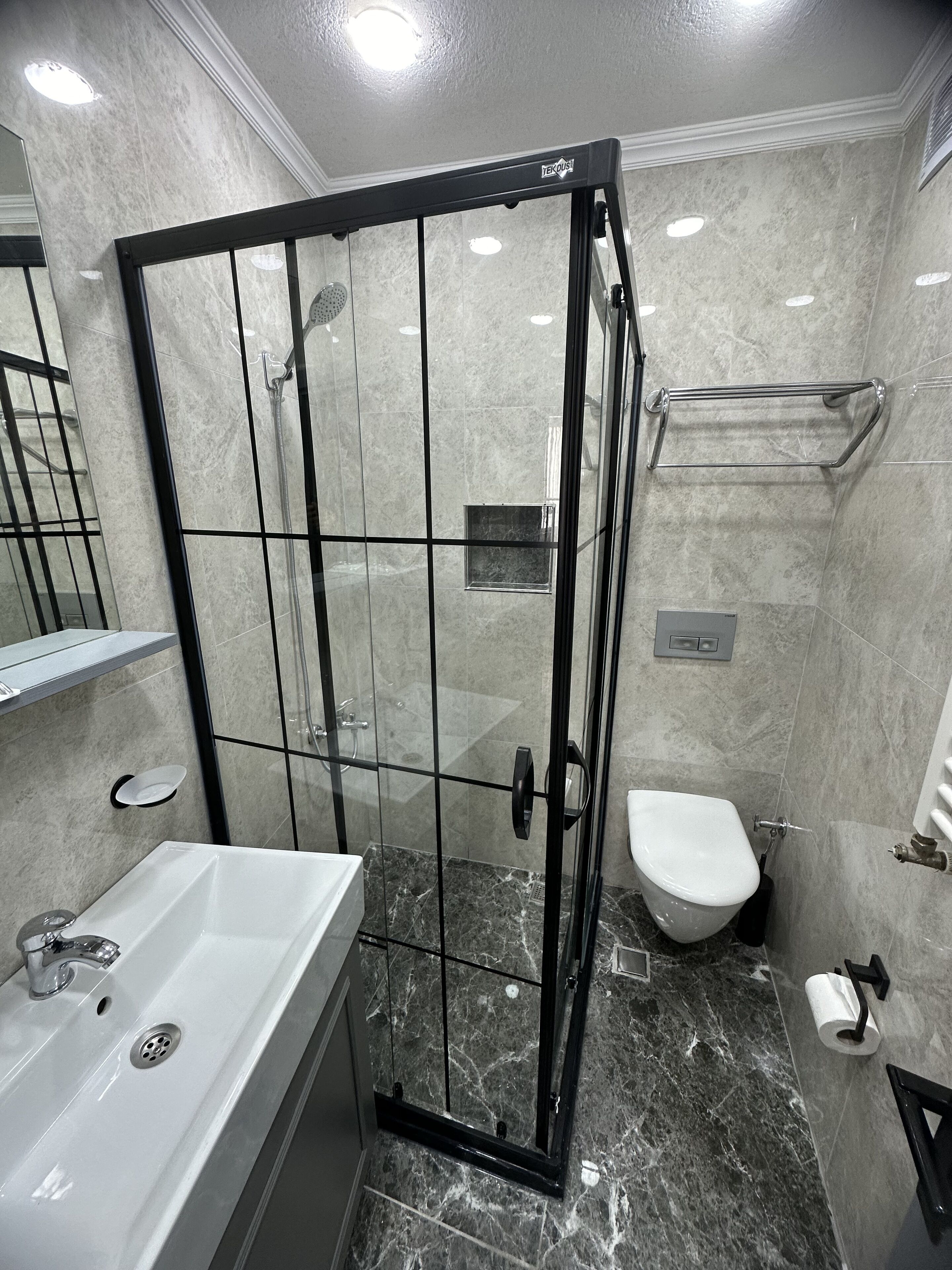 A modern bathroom with a glass-enclosed shower, a white sink, and a toilet.