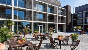 Een terras buiten met meerdere tafels en stoelen, omringd door plantenpotten.
