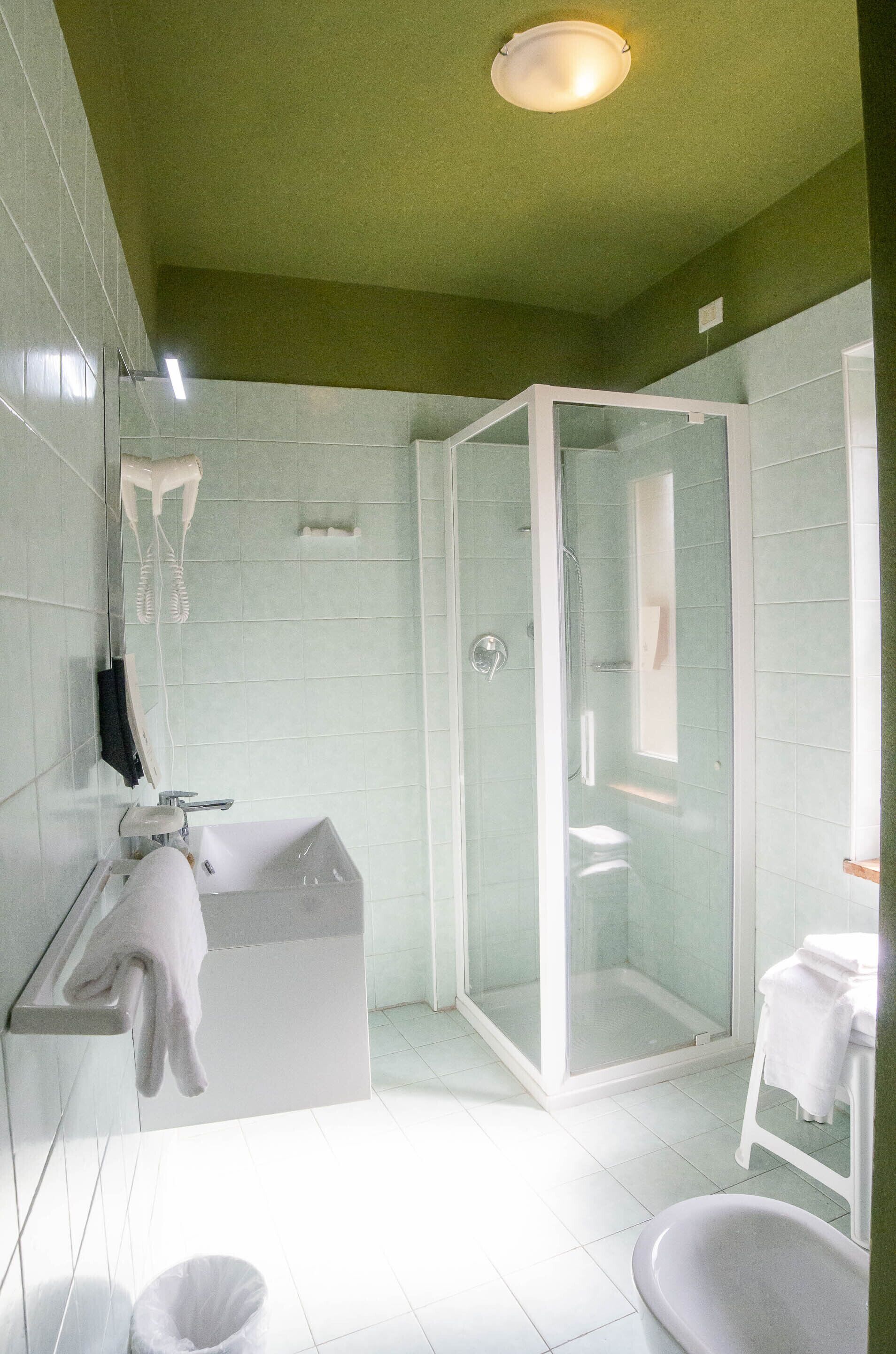 A bathroom with a glass-enclosed shower, a white bathtub, and a toilet.
