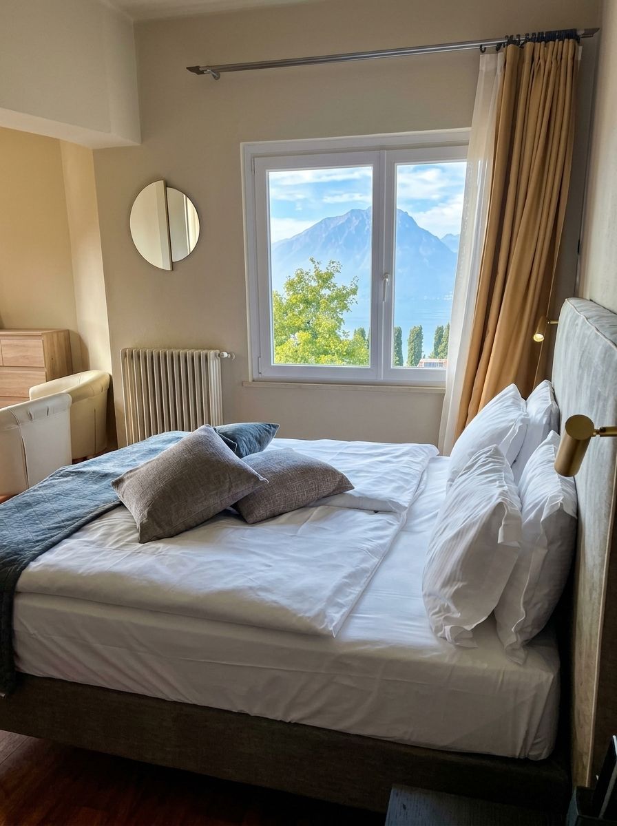 Una cama bien hecha con sábanas y almohadas blancas, un espejo redondo en la pared, una ventana con vistas a montañas y un radiador.