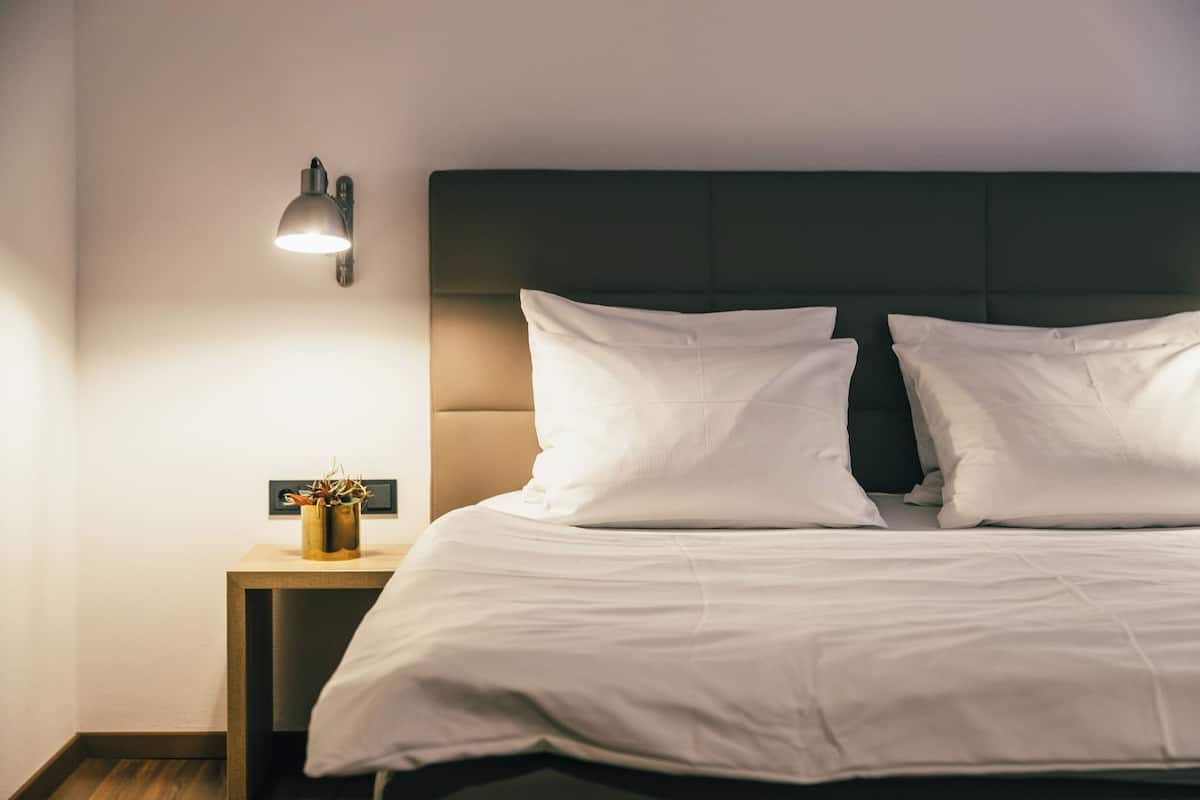 A neatly made bed with white bedding and a dark headboard. There is a small bedside table with a lamp and a plant.