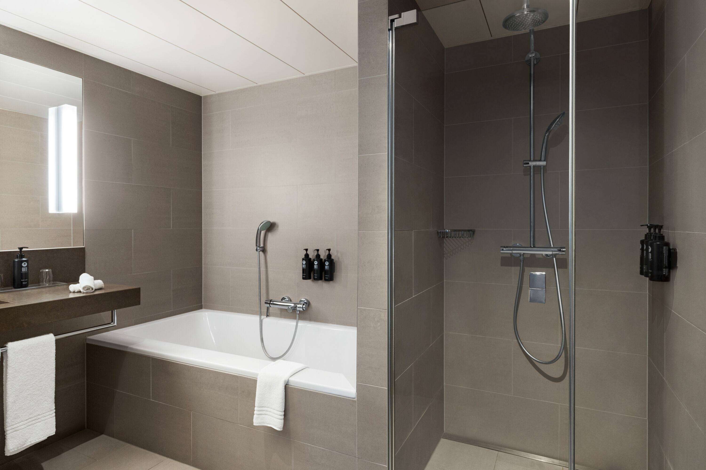 rainfall showerhead, free toiletries, hair dryer, bathrobes