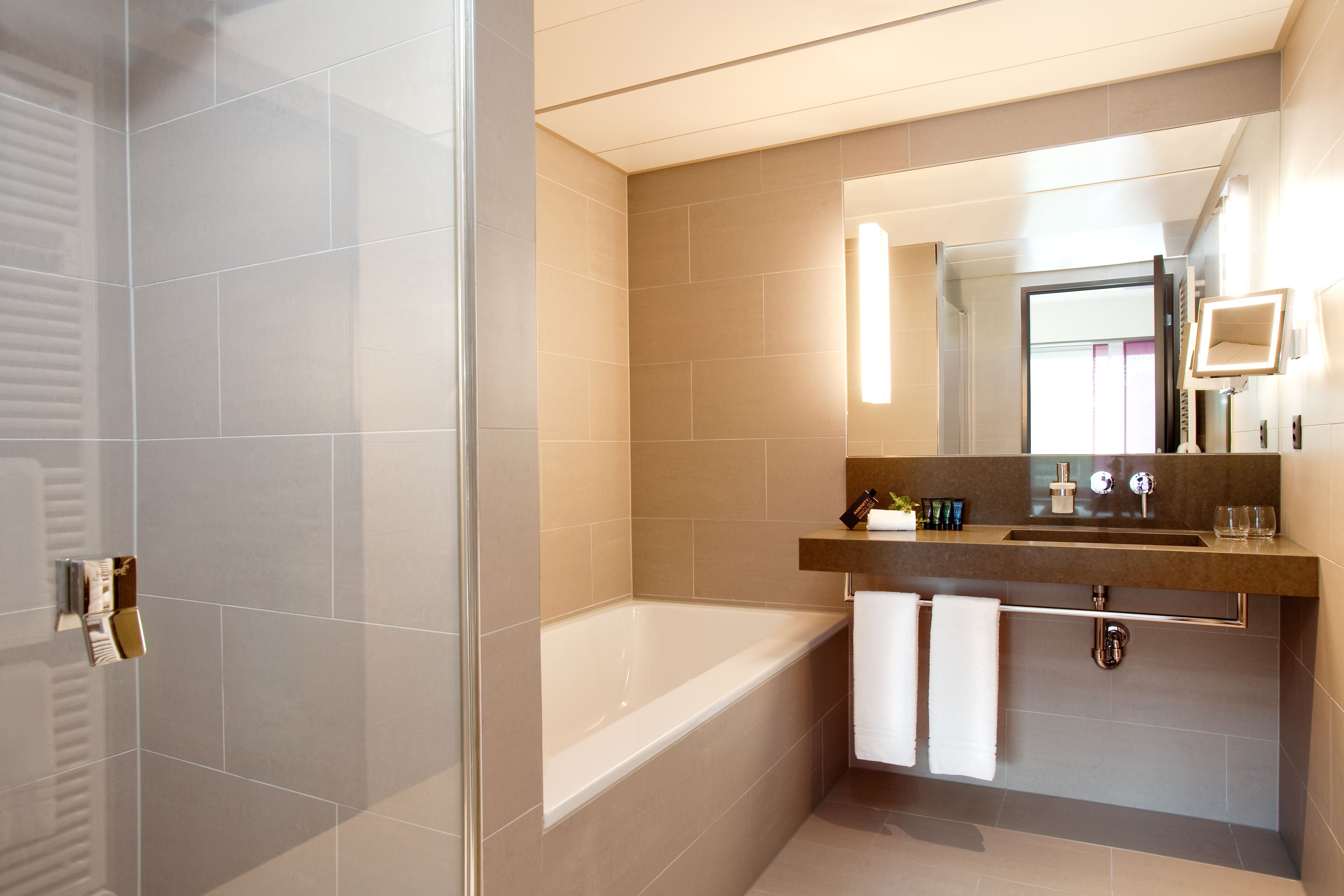 rainfall showerhead, free toiletries, hair dryer, bathrobes