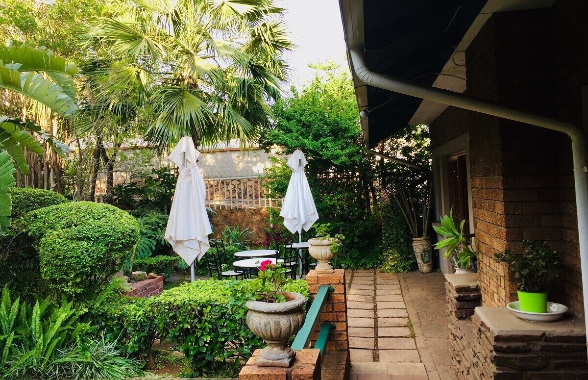 Un patio con sendero de ladrillo, plantas en macetas y mobiliario exterior con sombrillas blancas.
