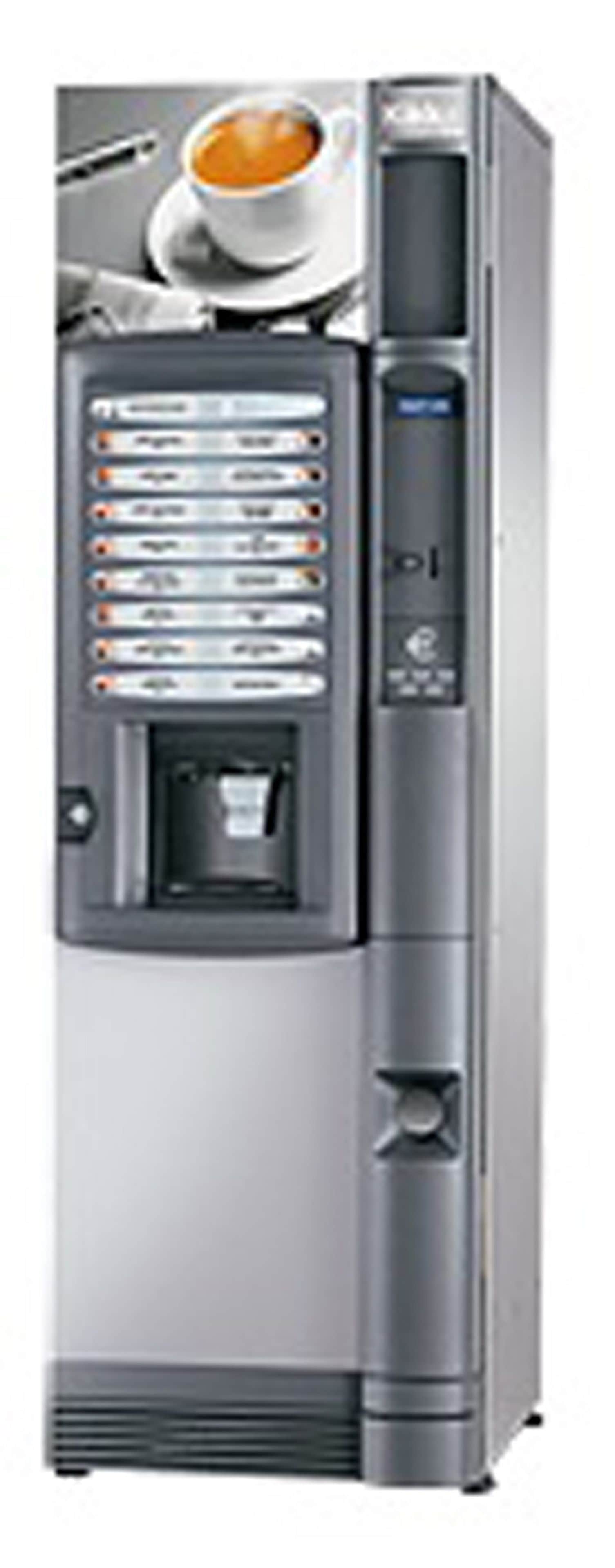 A coffee machine with a cup of coffee, a water dispenser, and a control panel.