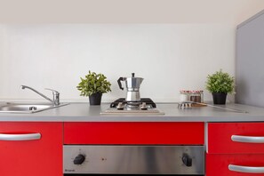 Studio | Private kitchen | Full-size fridge, oven, stovetop, cookware/dishes/utensils