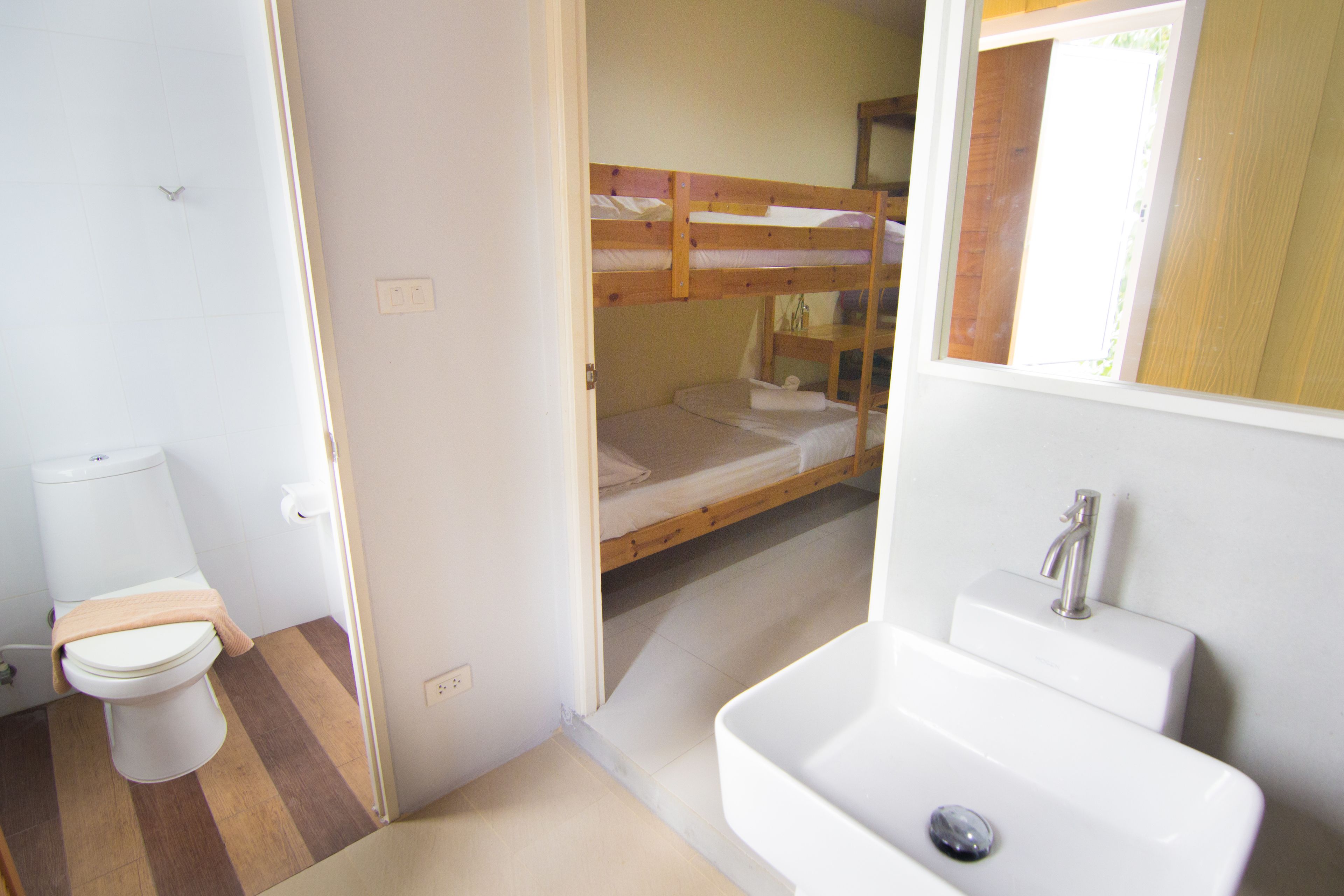 private bunk bed | bathroom | shower, hair dryer, towels