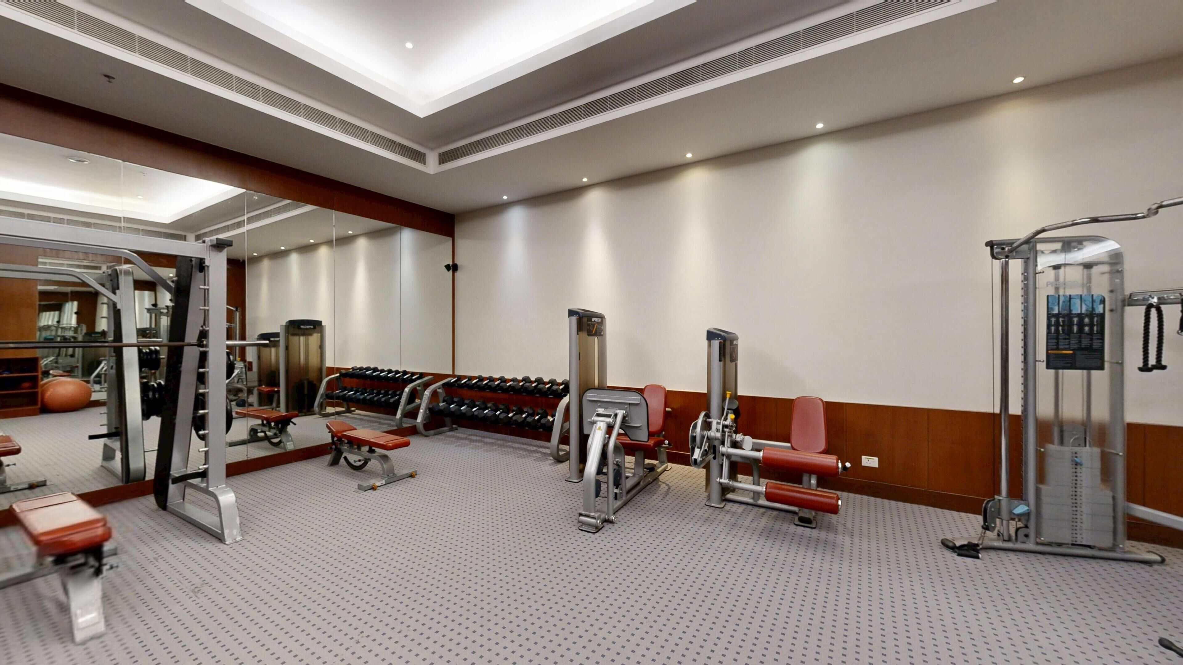 Un gimnasio con diferentes equipos de ejercicio, como mancuernas, bancos y una estructura para sentadillas.
