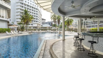 Outdoor pool, pool umbrellas, pool loungers