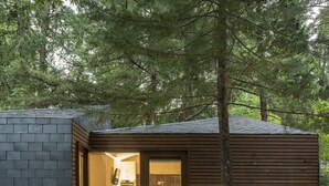 A wooden deck with a glass door leading to a kitchen area, surrounded by trees. - Pedras Salgadas Spa & Nature Park (Vila Pouca de Aguiar)