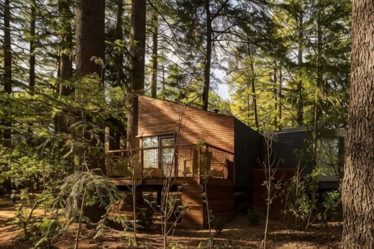 Una cabaña en un bosque con fachada de madera, una terraza y un ventanal.