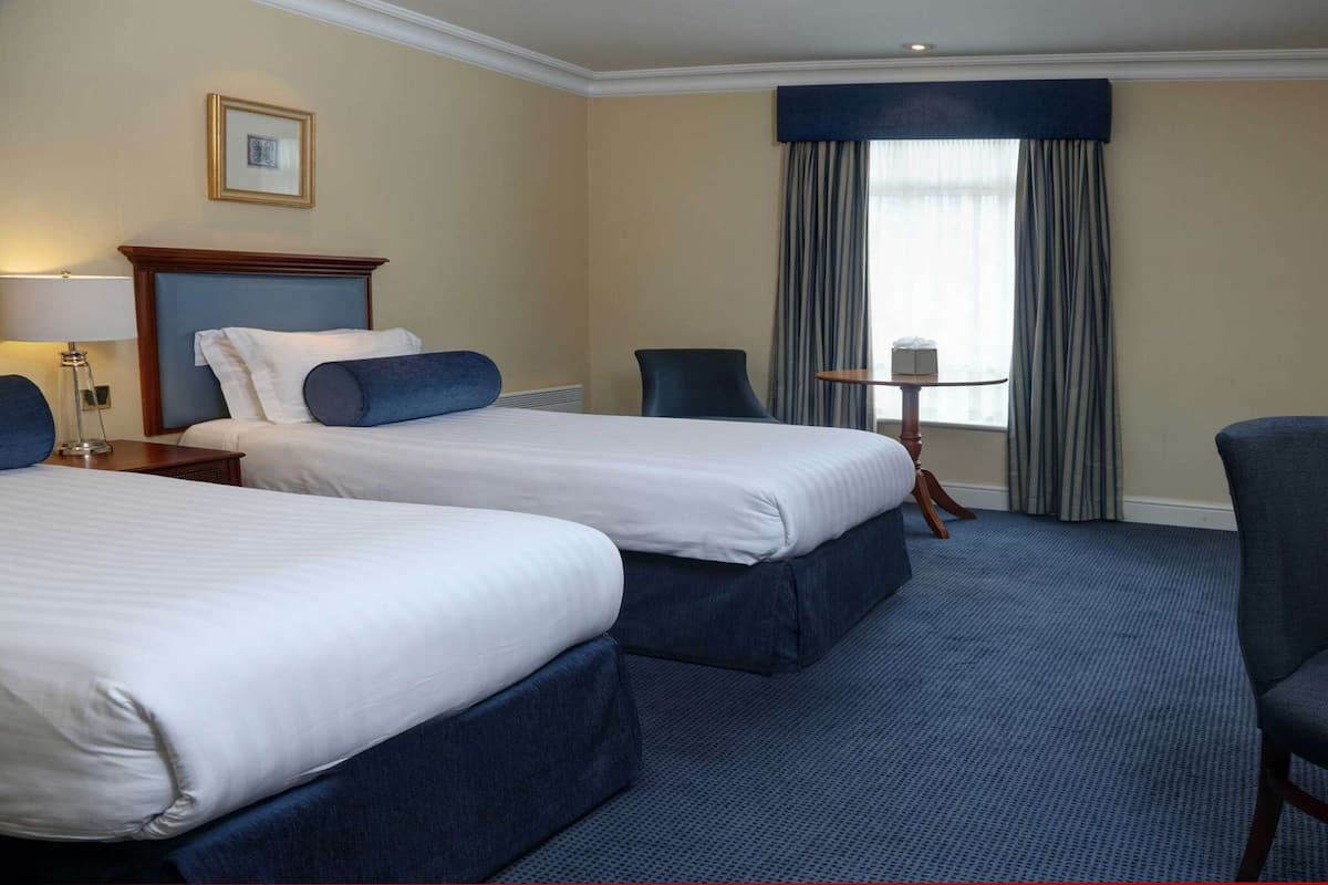 A hotel room with two beds, a television, a desk, and a chair.