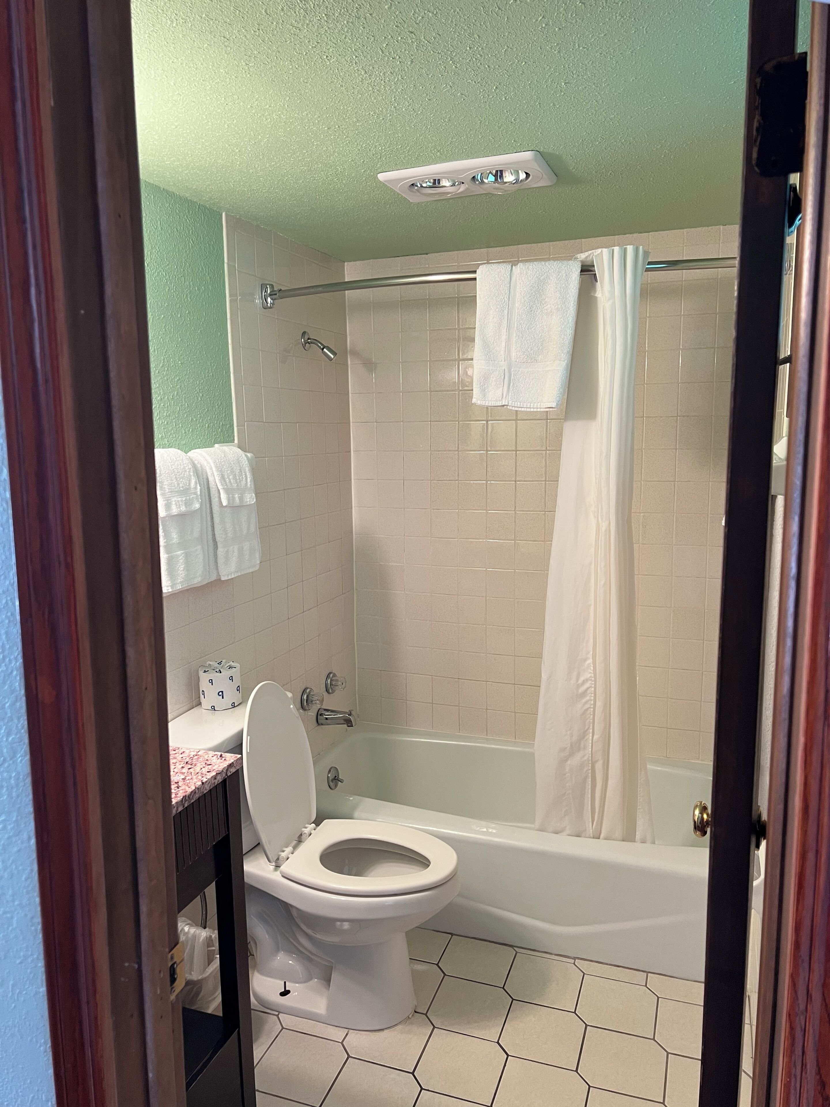 A bathroom with a toilet, a bathtub, and a shower curtain.