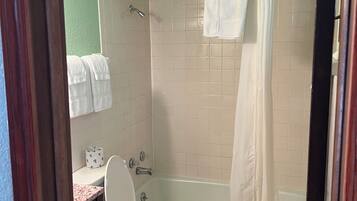 A bathroom with a toilet, a bathtub, and a shower curtain.