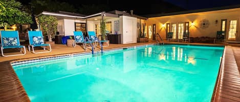 Outdoor pool, pool umbrellas, pool loungers