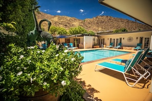 Outdoor pool, pool umbrellas, sun loungers