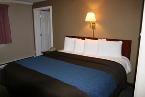 A hotel room with a large bed, a nightstand, a lamp, and a door.