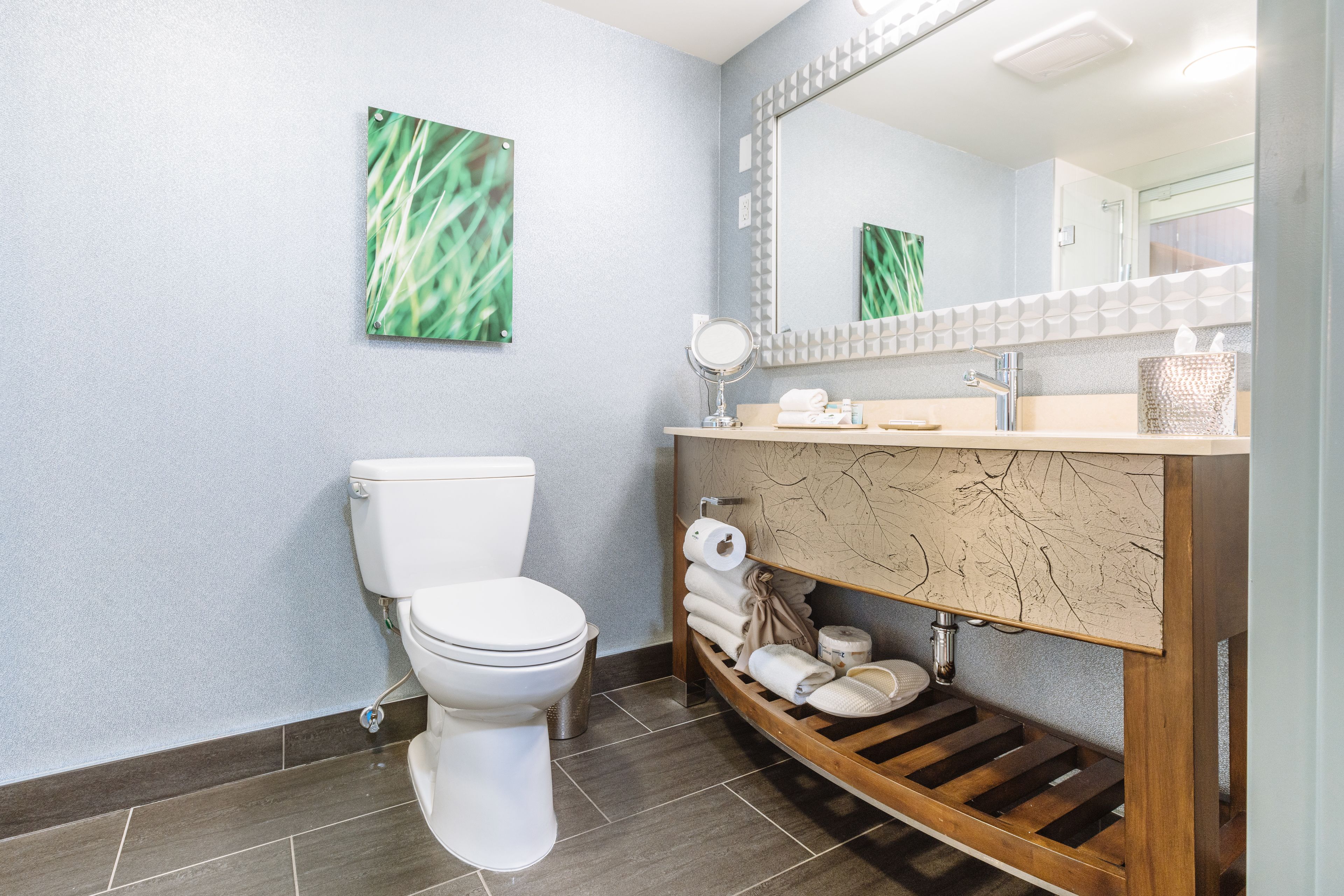 designer toiletries, hair dryer, bathrobes, slippers