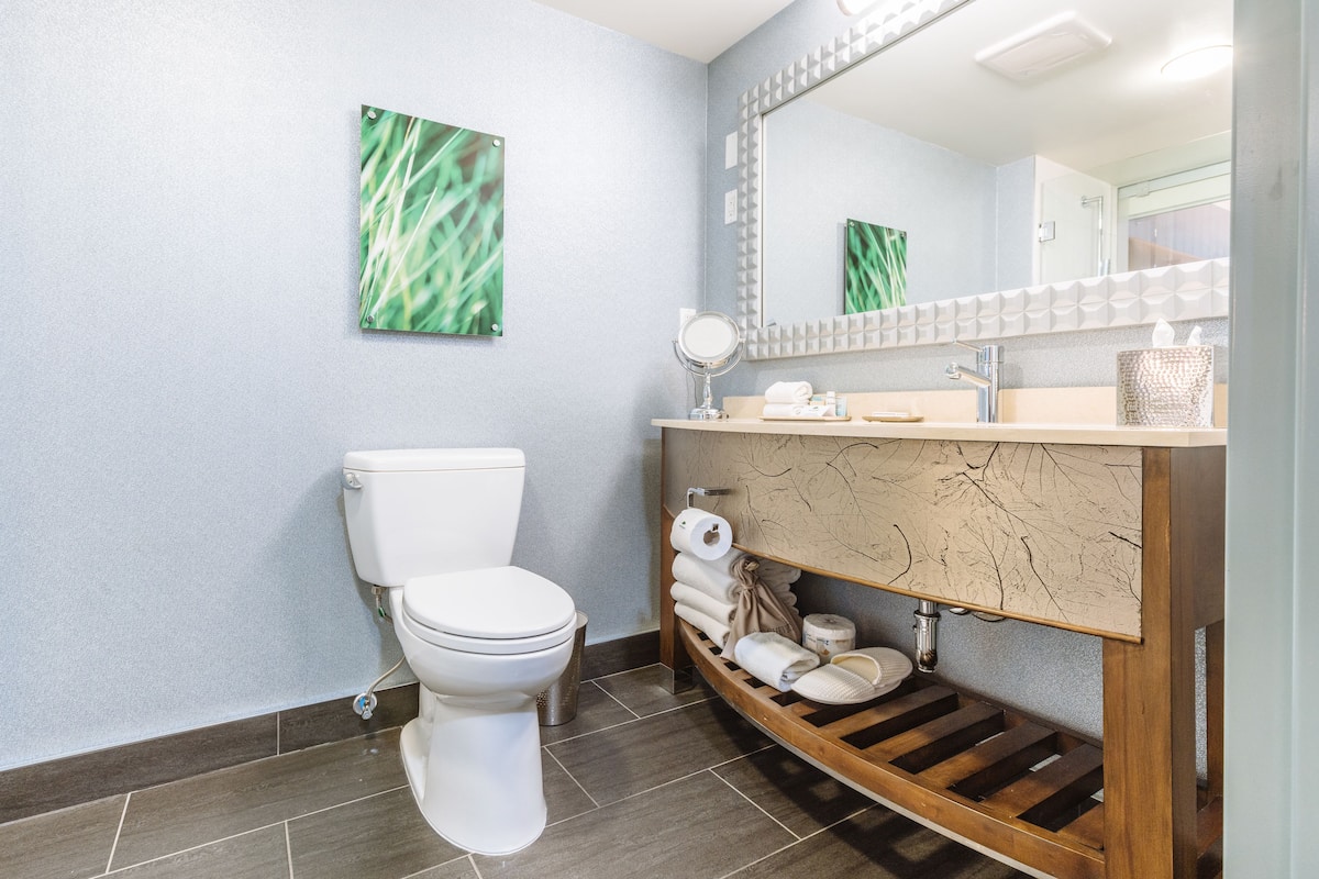 designer toiletries, hair dryer, bathrobes, slippers