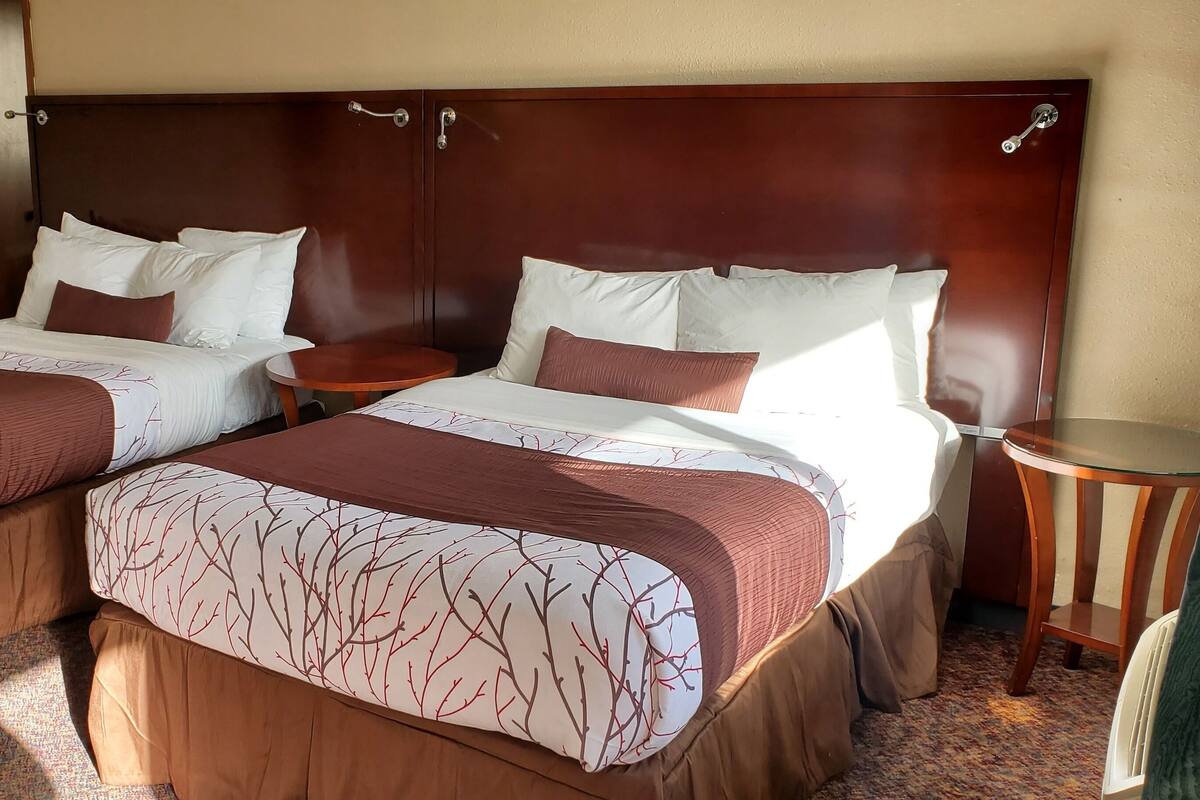 A hotel room with two beds, each with a brown bedspread and white pillows. There is a small wooden table between the beds, and a round wooden chair next to it.