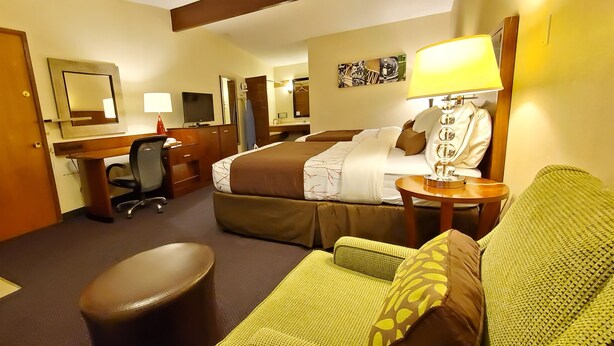Una habitación de hotel con cama, escritorio, silla, sofá, lámpara y televisor.