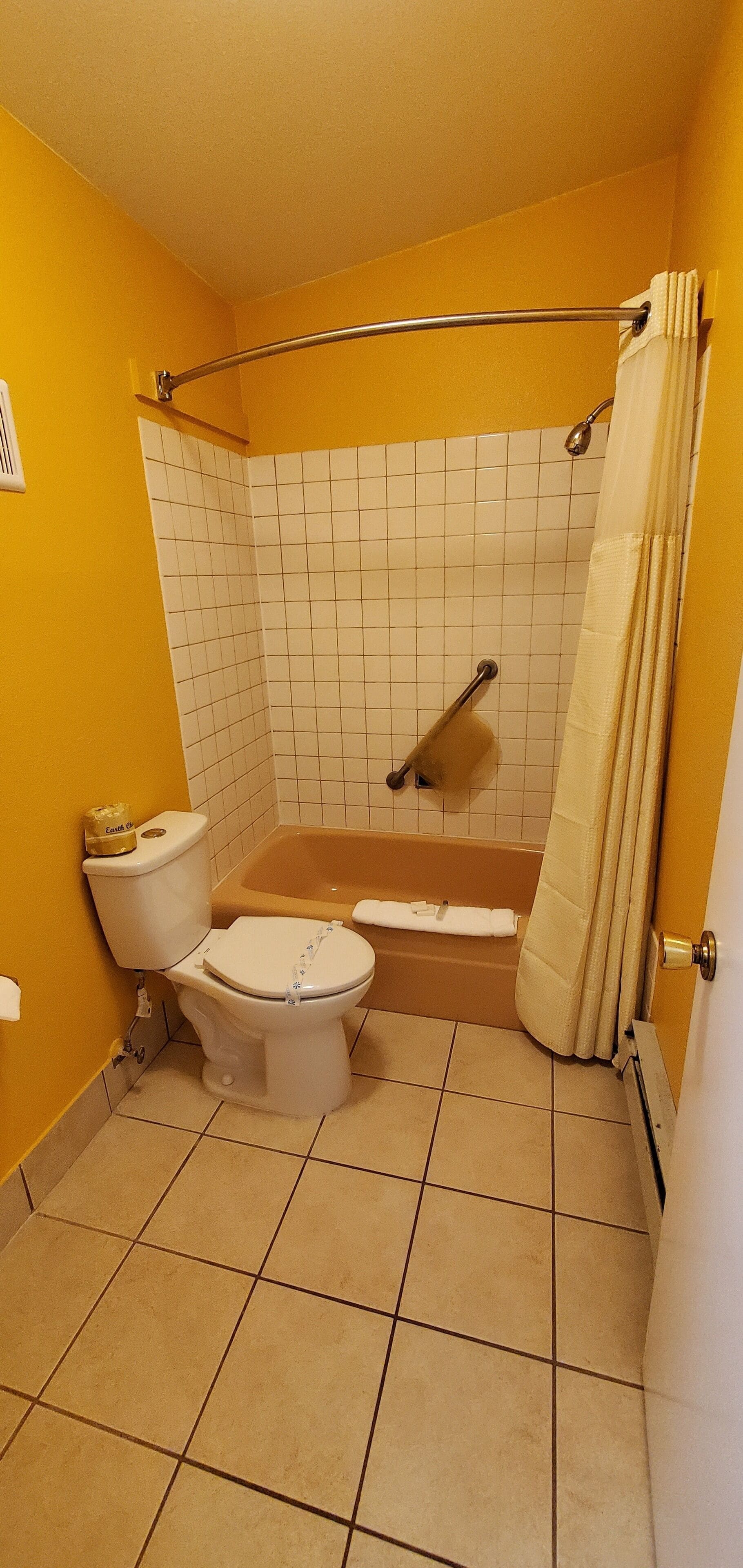 A bathroom with a toilet, bathtub, and shower curtain.