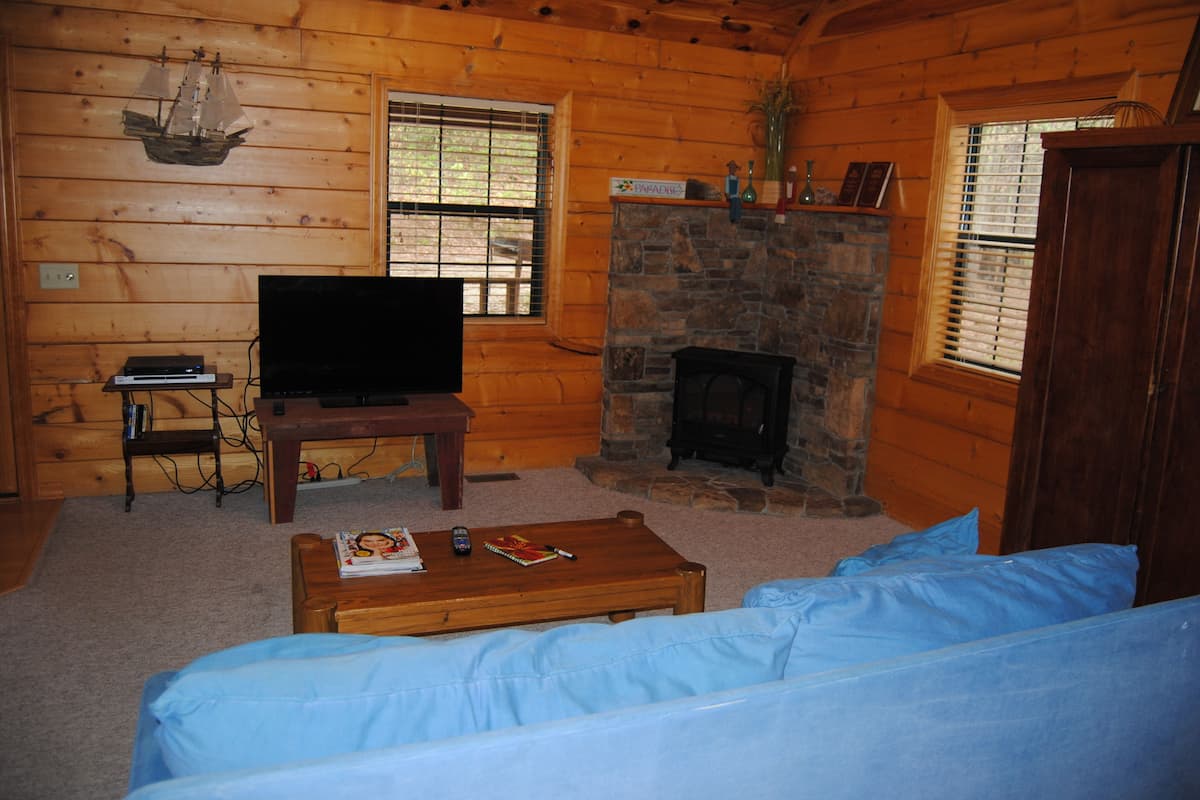 Superior Cabin, 2 Bedrooms, Valley View | Living area | Flat-screen TV, fireplace, DVD player