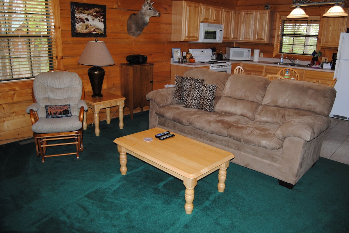 Superior Cabin, 2 Bedrooms, Valley View | Living area | Flat-screen TV, fireplace, DVD player