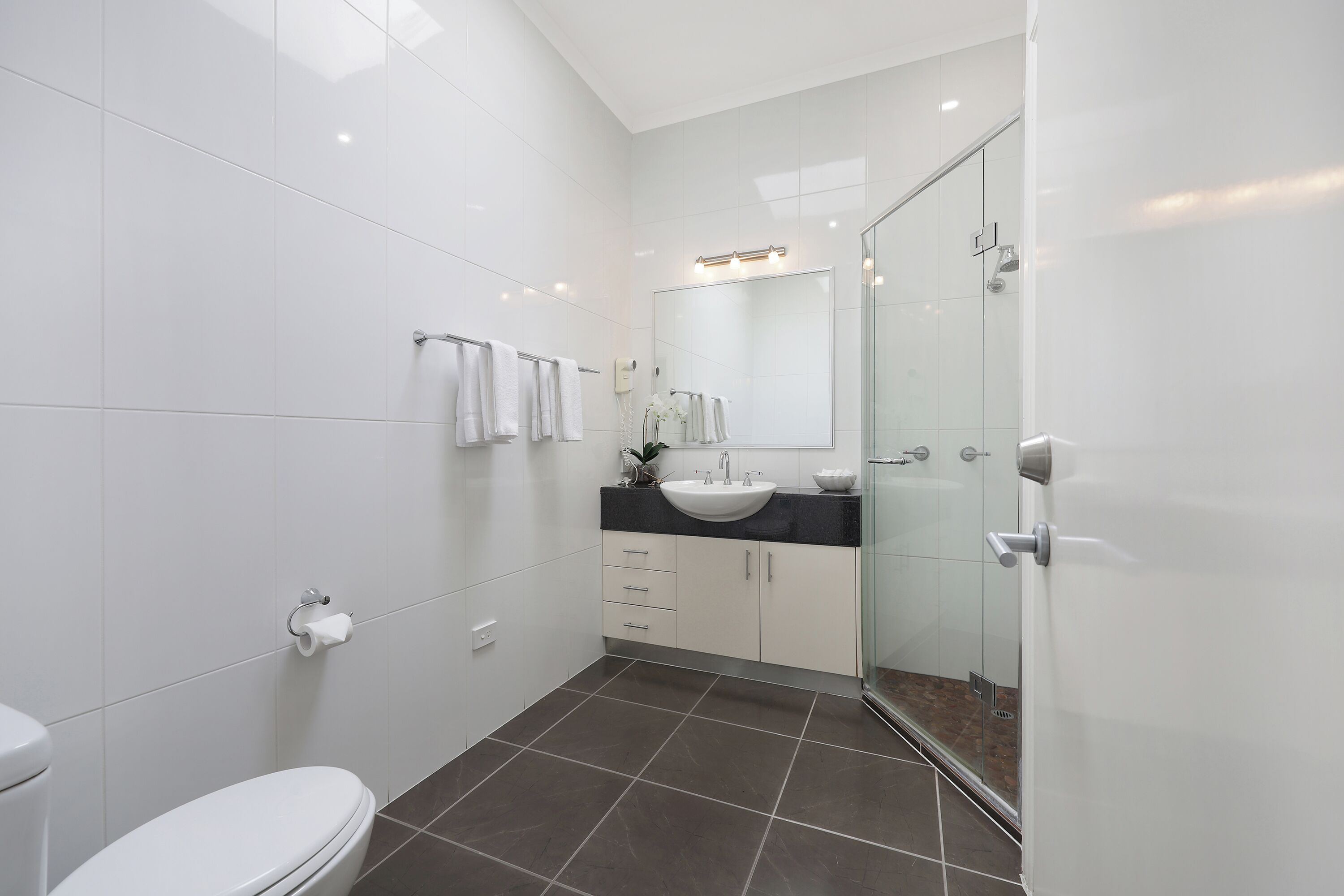 A modern bathroom with a white toilet, a sink with a mirror above it, and a glass shower enclosure.