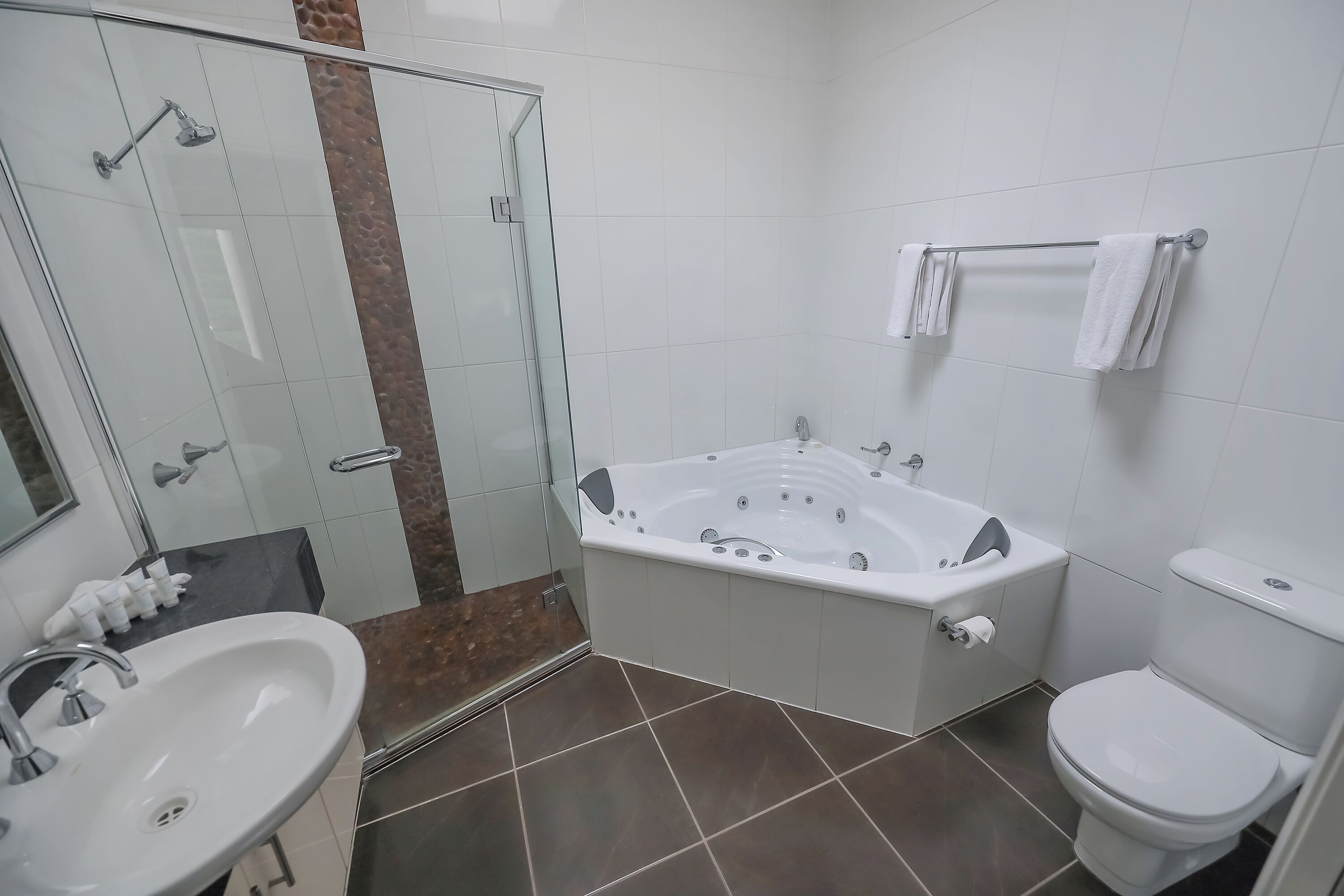 Un baño moderno con ducha de vidrio, bañera independiente, inodoro y lavamanos.