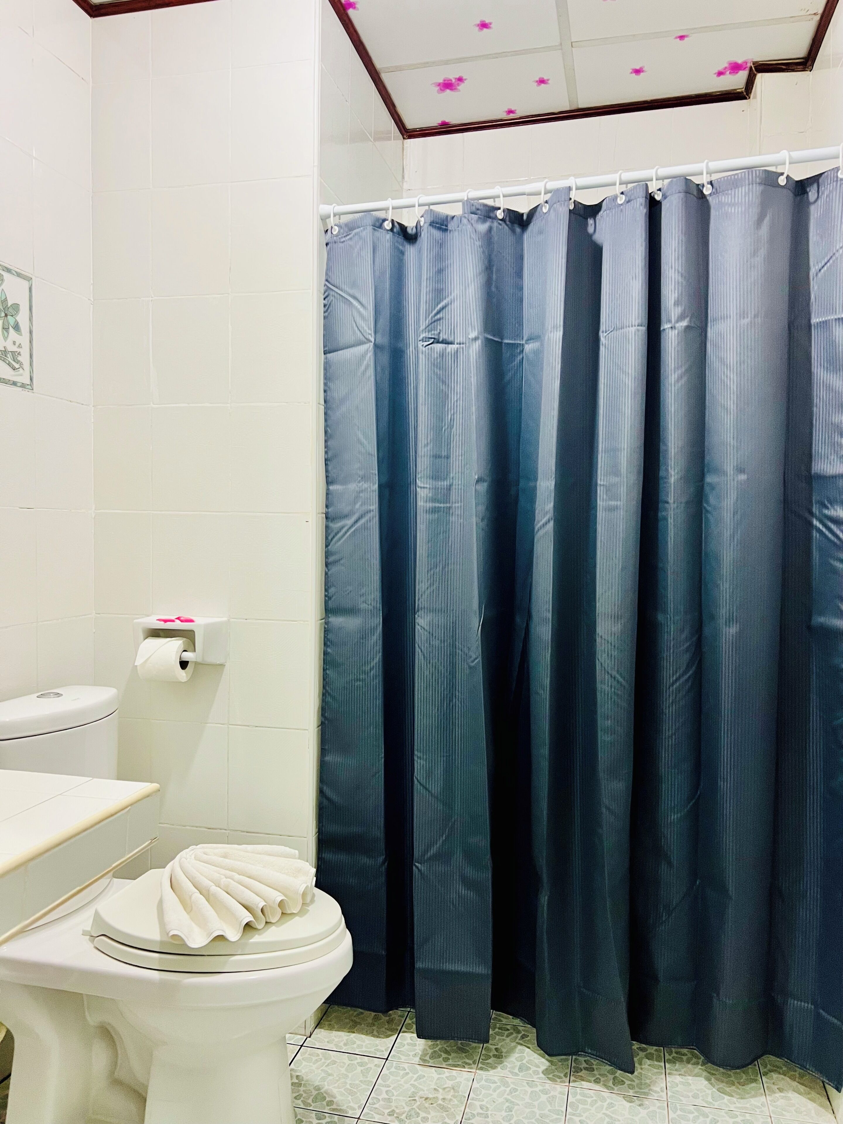 Un baño con inodoro, rollo de papel higiénico, cortina de ducha y piso de baldosas.
