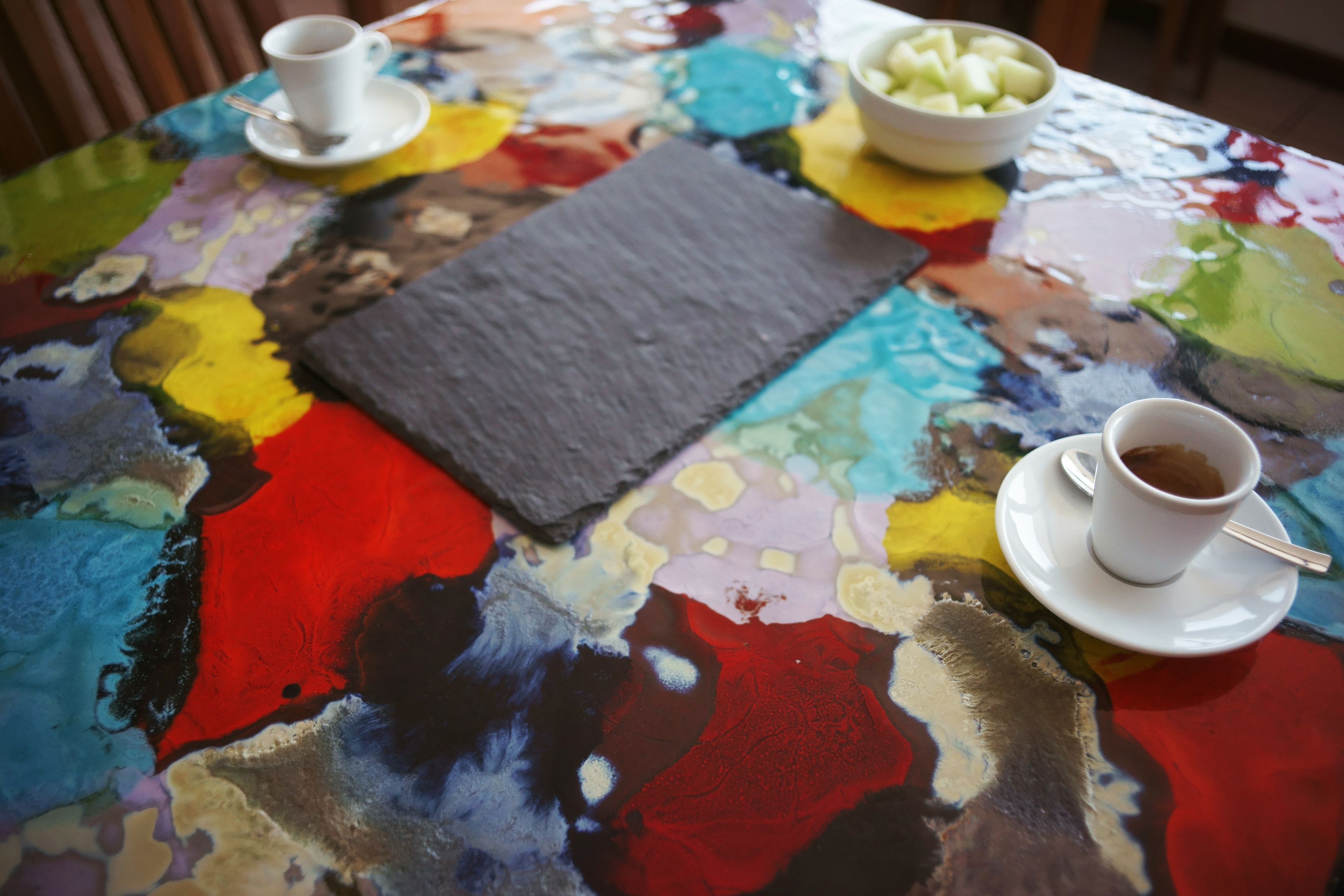A table with a colorful abstract painting, two cups of coffee, and a bowl of fruit.