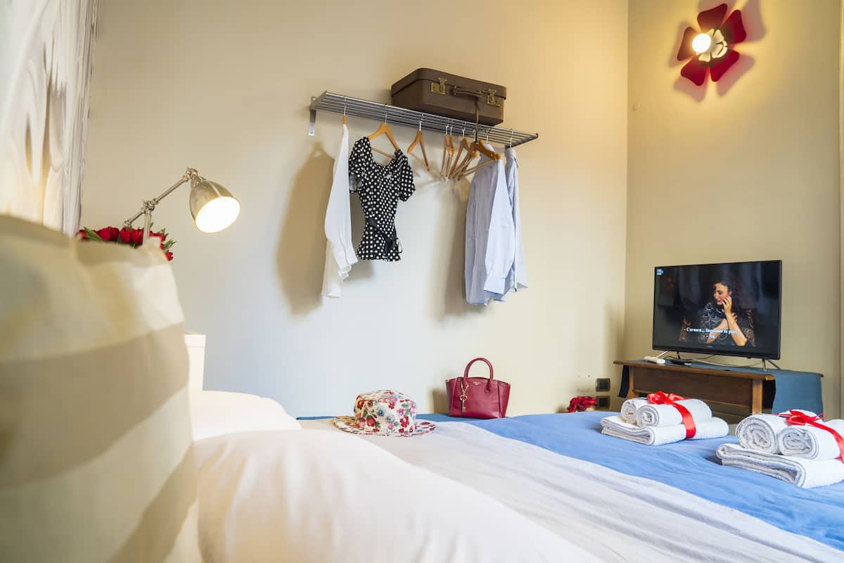 A hotel room with a bed, a TV, a hanging clothes rack, and a suitcase on the wall.