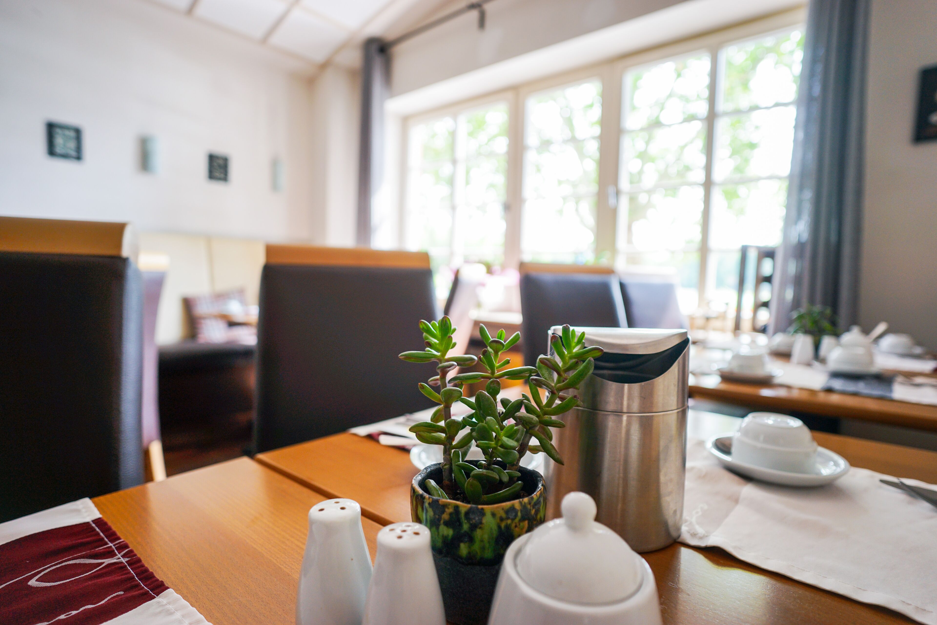 Un coin repas avec une table dressée pour deux personnes, agrémenté d’une plante en pot, de salières et de poivrières, d’une théière blanche et d’une cafetière en acier inoxydable.