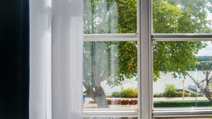 Vista a través de una ventana que muestra un cuerpo de agua, un árbol y un aparcamiento.