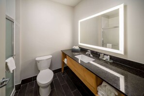 Ein modernes Badezimmer mit einer weißen Toilette, einem schwarzen Marmor-Waschtisch und einem großen Spiegel mit integrierter Beleuchtung.